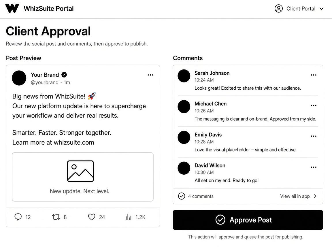 Black and white preview of a client approval view in WhizSuite